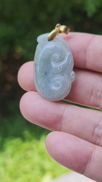 Natural Burmese Jadeite Jade Pendant – Vintage Icy Bluish Moss Green – Hand-Carved Ruyi Swirl Motif – JOP006