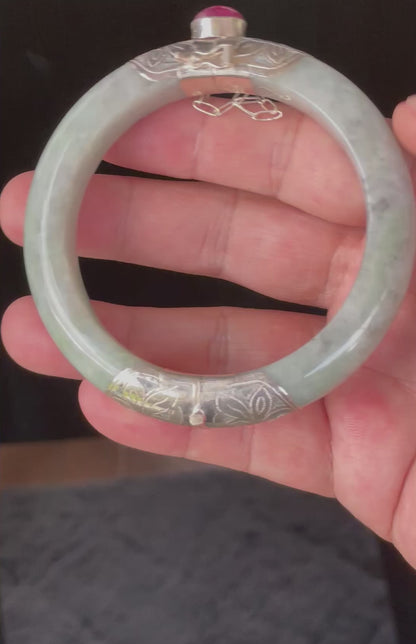 Natural Certified Burmese Jadeite Jade Bangle – Icy Grey & Milky White – Adjustable 92.5 Silver Clasp with Burma Ruby – 62mm – JB869