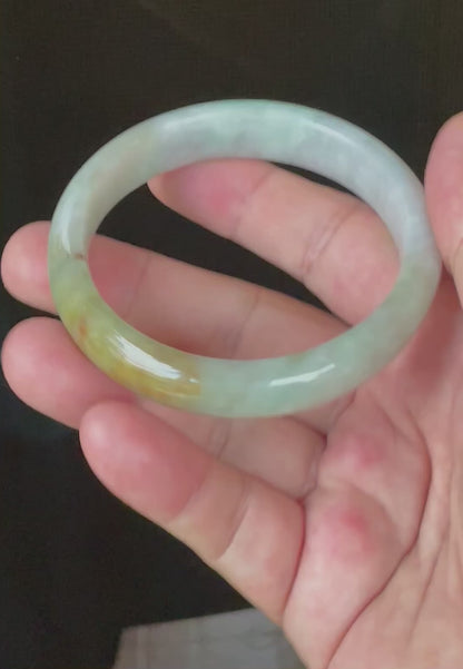 Natural Certified Burmese Jadeite Jade Bangle – Icy Bluish Milky White with Honey Orange & Apple Green – 61.5mm – JB101