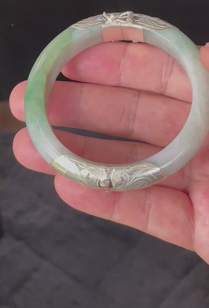 Natural Certified Burmese Jadeite Jade Bangle – Icy Apple & Blue – Adjustable Silver Clasp – 57.6mm – JB937
