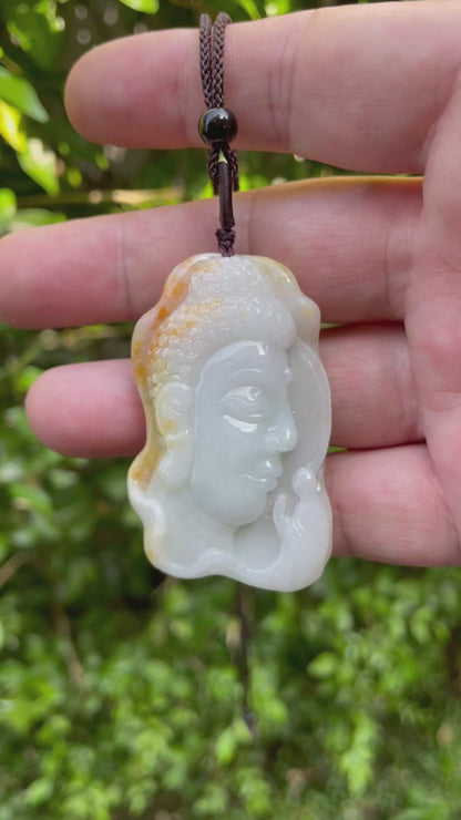 Natural Certified Burmese Jadeite Jade Pendant – Milky White & Golden – Hand-Carved Buddha Motif – Necklace Included – JP027