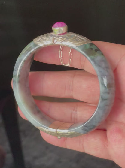 Natural Certified Burmese Jadeite Jade Bangle – Icy Black & Greyish Milky White – Adjustable Silver Clasp with Burma Ruby – 59.8mm – JB867