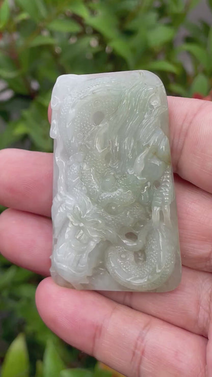 Natural Certified Burmese Jadeite Jade Pendant – Icy Moss Green & Milky White – Hand-Carved Dragon Motif – JP058