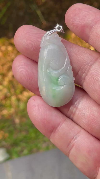 Natural Burmese Jadeite Jade Pendant – Milky White & Imperial Green – Hand-Carved Ruyi Swirl Motif – JP089