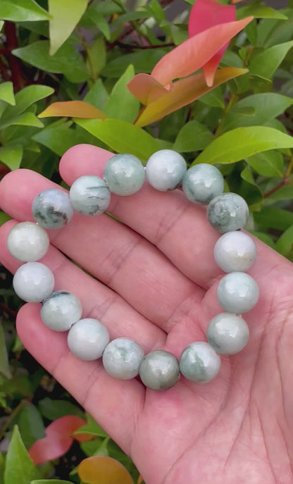 Natural Burmese Jadeite Jade Beaded Bracelet – Multicolor Icy Bluish, Apple Green & Milky White – 14mm – JBO066