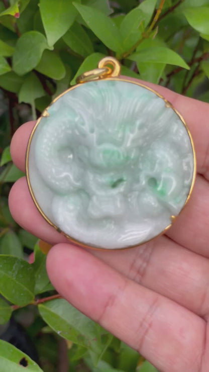 Natural Certified Burmese Jadeite Jade Pendant – Icy Imperial Green & Milky White – Hand-Carved Dragon Motif – 24K Vermeil Gold Setting – JP033