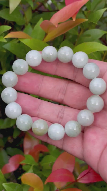 Natural Burmese Jadeite Jade Beaded Bracelet – Icy Bluish Milky White & Apple Green – 13.8mm – JBB155