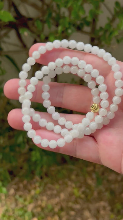 Natural Certified Grade A Burmese Jadeite Jade Beaded Necklace – Icy Milky White & Light Apple Green Hues – 6.8mm Beads – JN013