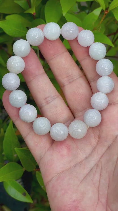 Natural Certified Burmese Jadeite Jade Beaded Bracelet – Icy Lavender, Milky White & Apple Green – Hand-Carved Round Beads – 13.4mm – JBB160