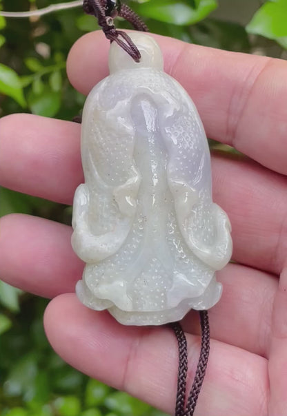 Natural Certified Burmese Jadeite Jade Pendant – Milky White – Hand-Carved Gourd Motif – Necklace Included – JP020