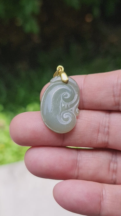 Natural Burmese Jadeite Jade Pendant – Icy Apple Green – Hand-Carved Ruyi Swirl Motif – JOP003