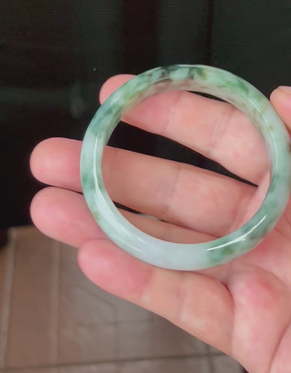 Natural Certified Burmese Jadeite Jade Bangle – Icy Apple Green & Imperial Green with Bluish Milky White and Black Hues – 57.7mm – JB561