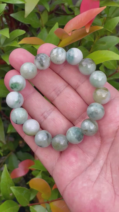 Natural Burmese Jadeite Jade Beaded Bracelet – Multicolor Apple & Moss Green – 13.5mm – JBO55
