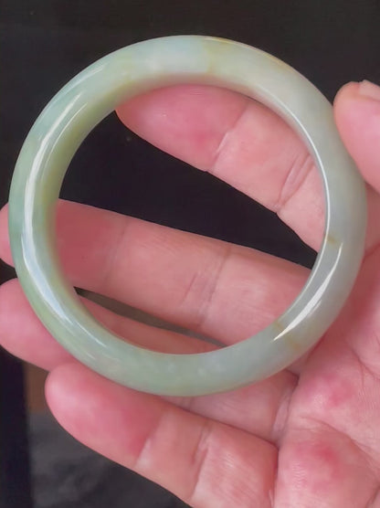 Natural Certified Burmese Jadeite Jade Bangle – Icy Apple Green with Milky White & Honey Hues – 57.5mm – JB907