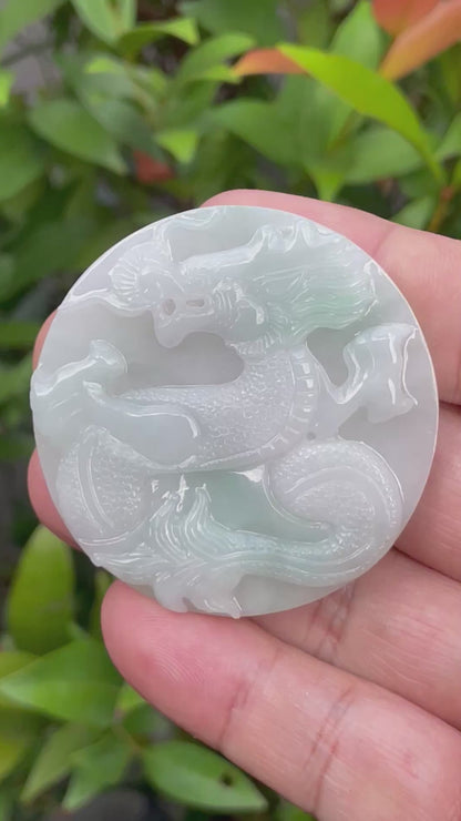 Natural Certified Burmese Jadeite Jade Pendant – Imperial Green & Bluish Milky White – Hand-Carved Dragon Motif – JP054