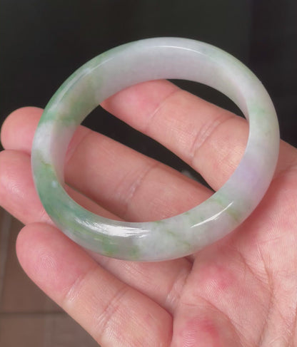 Natural Certified Burmese Jadeite Jade Bangle – Icy Greyish Milky White with Apple Green, Imperial Green & Lavender Hues – 57mm – JB088