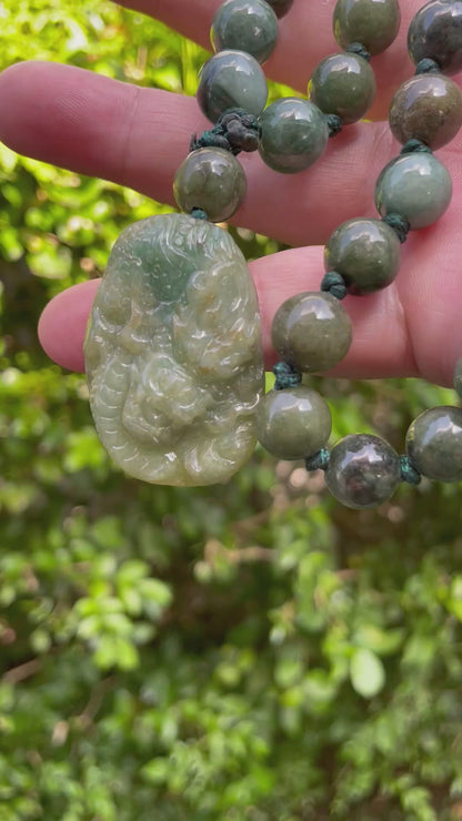 Natural Certified Burmese Jadeite Jade Pendant – Deep Mossy & Emerald Green – Hand-Carved Dragon Motif – Beaded Necklace Included – JP069