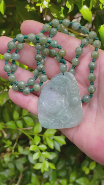 Natural Certified Burmese Jadeite Jade Pendant – Icy Apple Green & Milky White Hues – Hand-Carved Dragon Motif – Beaded Necklace Included – JP028