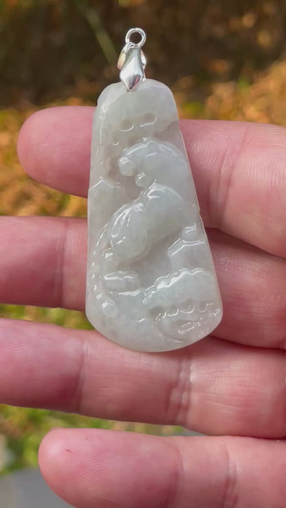 Natural Burmese Jadeite Jade Pendant – Milky White & Apple Green – Hand-Carved Lion Motif – JP090