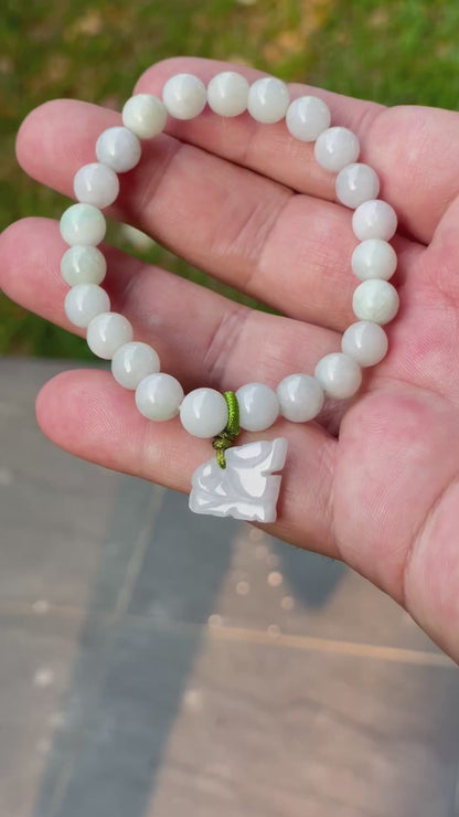 Natural Burmese Jadeite Jade Beaded Bracelet – Milky White, Faint Apple Green – Hand-Carved Tiger Pendant – 8mm – JBB180