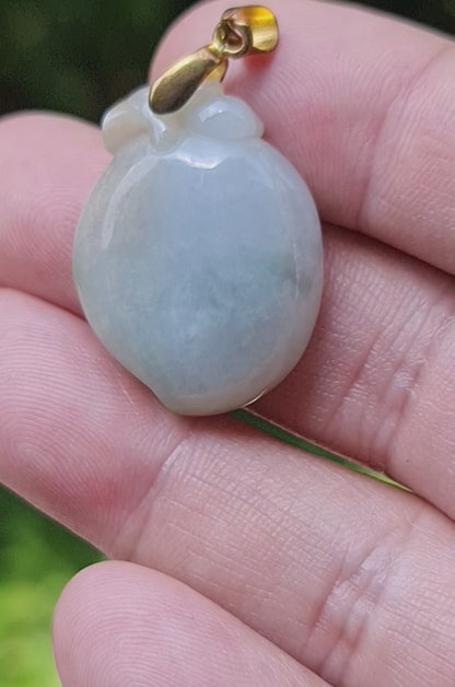 Natural Burmese Jadeite Jade Pendant – Icy Bluish, Milky White & Moss Green – Hand-Carved Peach Motif – JOP007