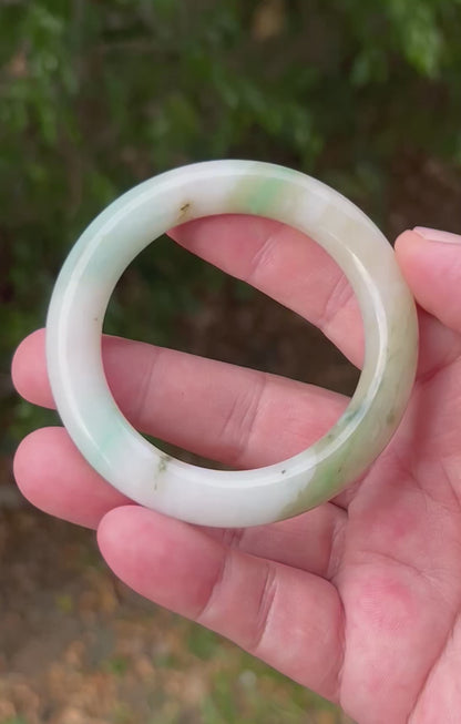 Certified Grade A Natural Burmese Jadeite Jade Princess Round Bangle 52.8mm Icy Green Jade Milky White Jade Moss In Jade Bracelet JB1321