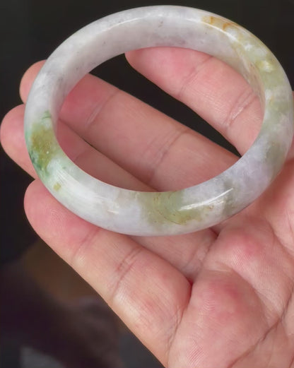 Natural Certified Burmese Jadeite Jade Bangle – Icy Milky White, Grayish, Apple Green & Black – 56.6mm – JB874