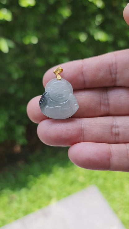 Natural Burmese Jadeite Jade Pendant – Icy Milky White & Black – Hand-Carved Happy Buddha Motif – JHB004