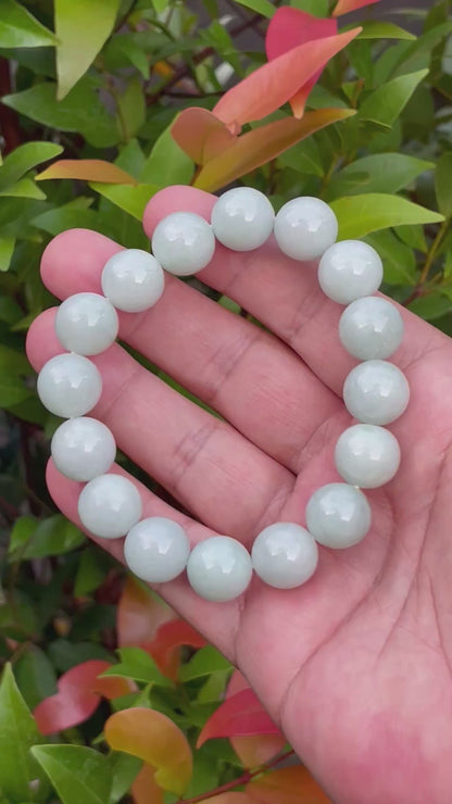 Natural Certified Burmese Jadeite Jade Beaded Bracelet – Icy Bluish Apple Green & Milky White – 14mm – JBB153