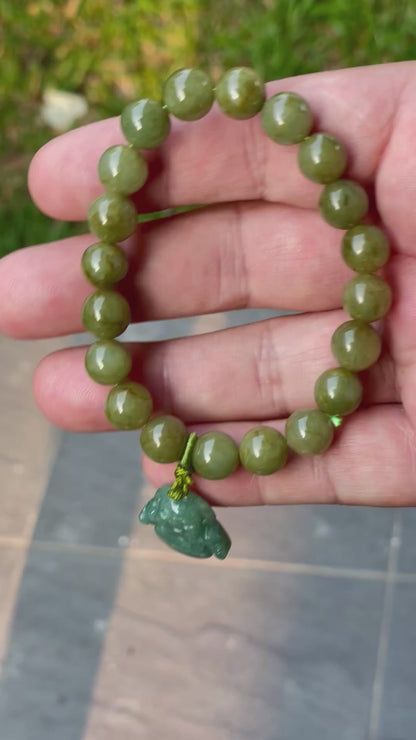 Natural Burmese Jadeite Jade Beaded Bracelet – Olive Green – Hand-Carved Laughing Buddha Pendant – 9mm – JBB179