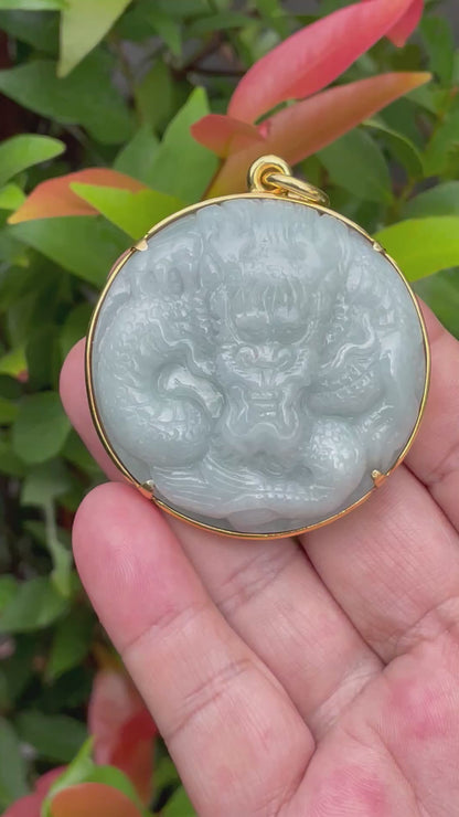 Natural Certified Burmese Jadeite Jade Pendant – Bluish Apple Green – Hand-Carved Dragon Motif – 24K Vermeil Gold Setting – JP034