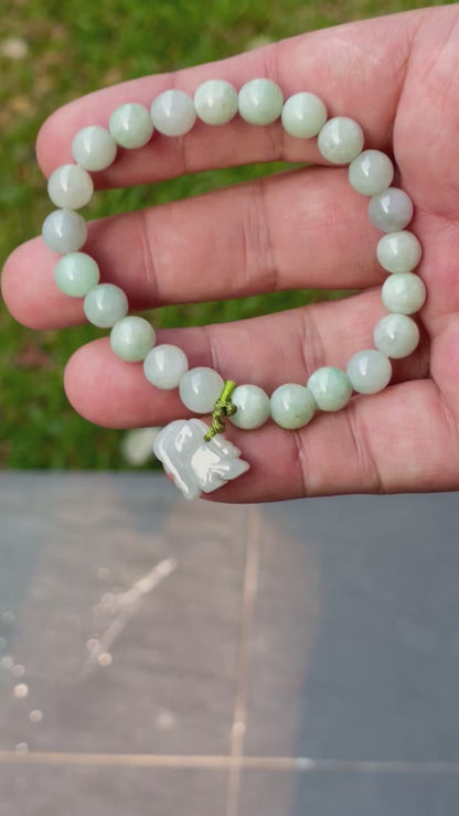 Natural Burmese Jadeite Jade Beaded Bracelet – Icy White & Apple Green – Hand-Carved Tiger Pendant – 8mm – JBB183