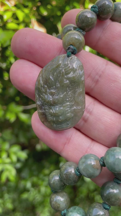 Natural Certified Burmese Jadeite Jade Pendant – Deep Green – Hand-Carved Dragon Motif – Beaded Necklace Included – JP070