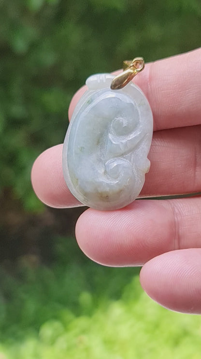Natural Burmese Jadeite Jade Pendant – Bluish Milky White – Vintage Ruyi Swirl Motif – JOP002