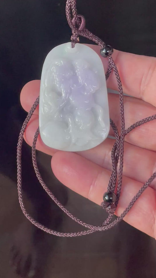 Video showcasing the vitreous luster, icy milky white and lavender hues, and hand-carved two monkeys motif of the Burmese jade pendant JP021