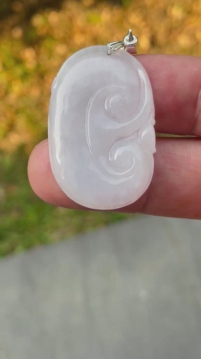 Natural Burmese Jadeite Jade Pendant – Milky White – Hand-Carved Ruyi Swirl Motif – JP085