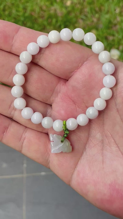 Natural Burmese Jadeite Jade Beaded Bracelet – Milky White, Light Lavender hues – Hand-Carved Tiger Pendant – 8mm – JBB177