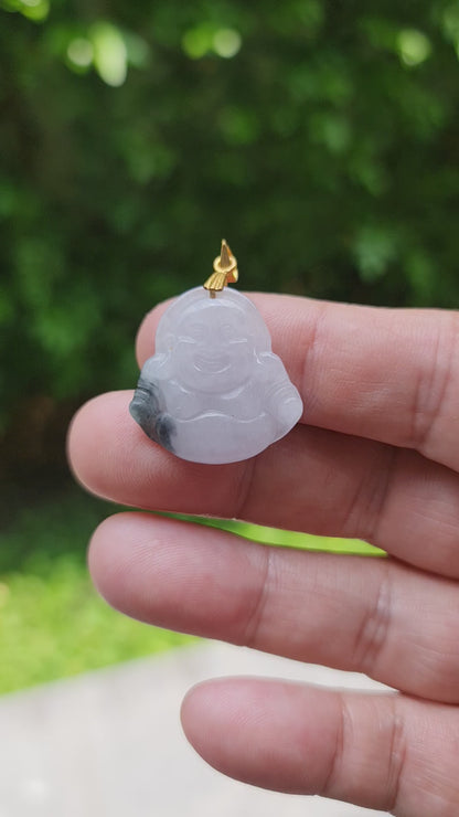 Natural Burmese Jadeite Jade Pendant – Icy Milky White & Emerald Green – Hand-Carved Happy Buddha Motif – JHB006