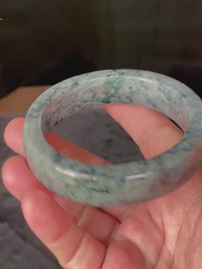 Natural Certified Burmese Jadeite Jade Bangle – Icy Black & Greyish with Apple & Moss Green Hues – Flat Style – 66.4mm – JB935