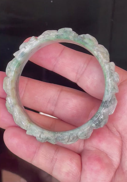 Natural Certified Burmese Jadeite Jade Bangle – Icy Emerald & Imperial Green with Milky White – Hand-Carved Floral Motif – 56mm – JB443