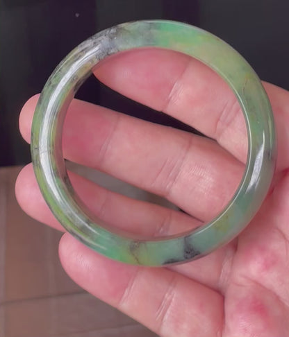 Natural Certified Burmese Jadeite Jade Bangle – Icy Apple & Imperial Green with Black and Honey Hues – 54.5mm – JB351