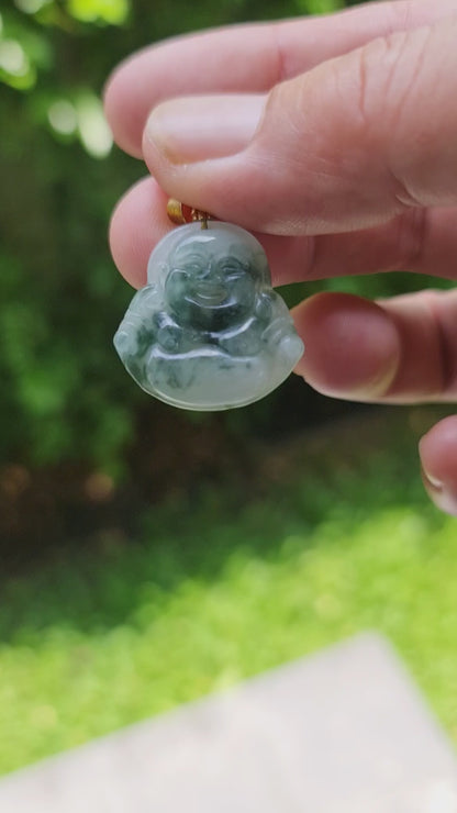 Natural Burmese Jadeite Jade Pendant – Icy Emerald & Apple Green – Hand-Carved Happy Buddha Motif – JHB005