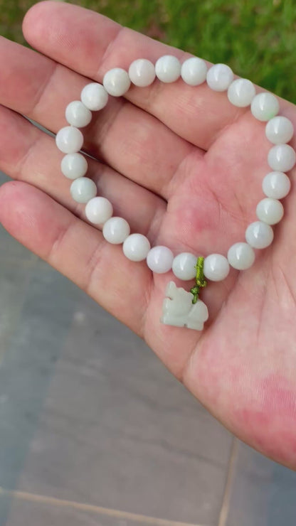 Natural Burmese Jadeite Jade Beaded Bracelet – Icy Milky White, Faint Green Hues – Hand-Carved Tiger Pendant – 8mm – JBB182
