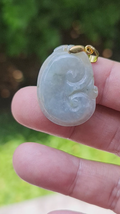 Natural Burmese Jadeite Jade Pendant – Icy Bluish Moss Green & Milky White – Hand-Carved Ruyi Swirl Motif – JOP005