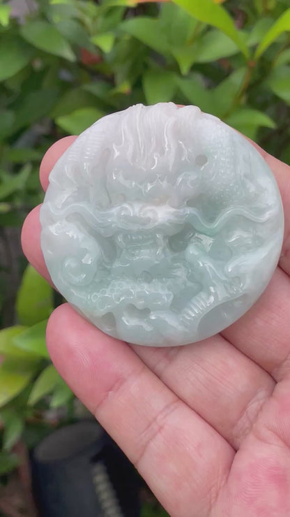 Natural Certified Burmese Jadeite Jade Pendant – Icy Bluish Milky White & Imperial Green – Hand-Carved Dragon & Twin Fish Motif – JP053