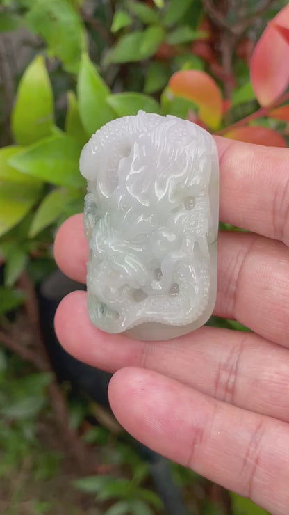 Natural Certified Burmese Jadeite Jade Pendant – Icy Imperial Green & Milky White – Hand-Carved Dragon Motif – JP056