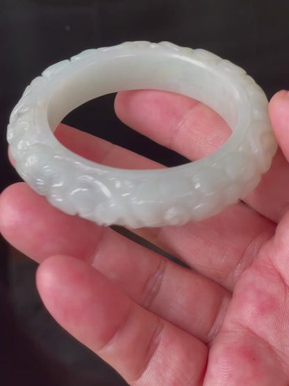 Natural Certified Burmese Jadeite Jade Bangle – Icy Apple Green – Hand-Carved Floral Motif – 50.7mm – JB810