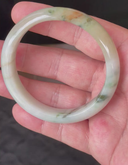 Natural Certified Burmese Jadeite Jade Bangle – Icy Milky White, Imperial Green, Honey, Orange & Red Hues – 58.8mm – JB232