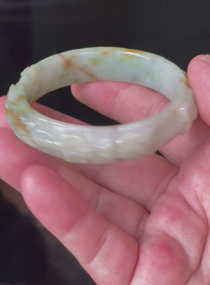 Natural Certified Burmese Jadeite Jade Bangle – Icy Apple Green with Milky White & Honey Orange Veins – Hand-Carved Floral Motif – 57mm – JB210
