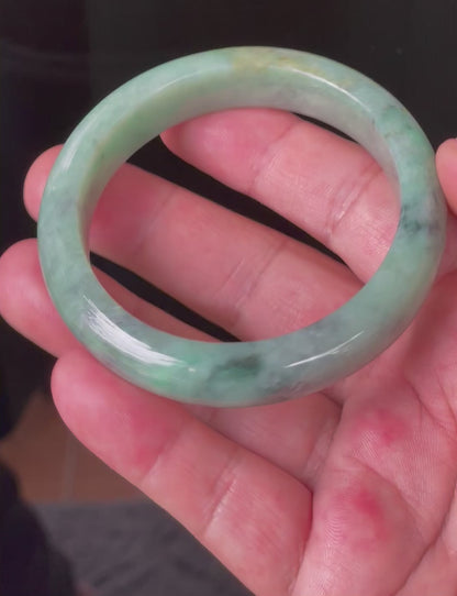 Natural Certified Burmese Jadeite Jade Bangle – Icy Apple Green with Grey-Blackish & Honeycomb Hues – 57mm – JB205